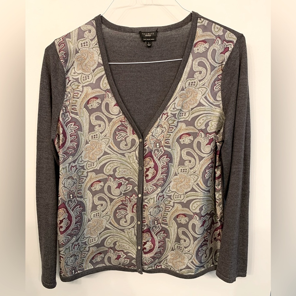 Merino lightweight wool paisley sweater; thin lightweight wool, very soft; gray;